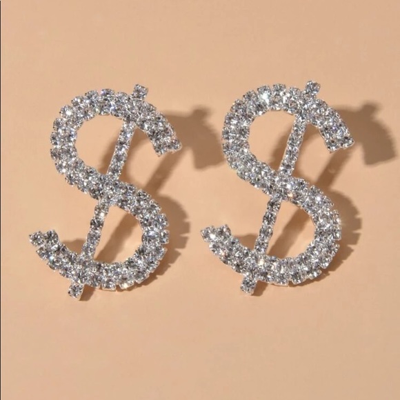 💵 Awesome Oversized Rhinestone Dollar Sign Money Earrings 💵 - Picture 4 of 4